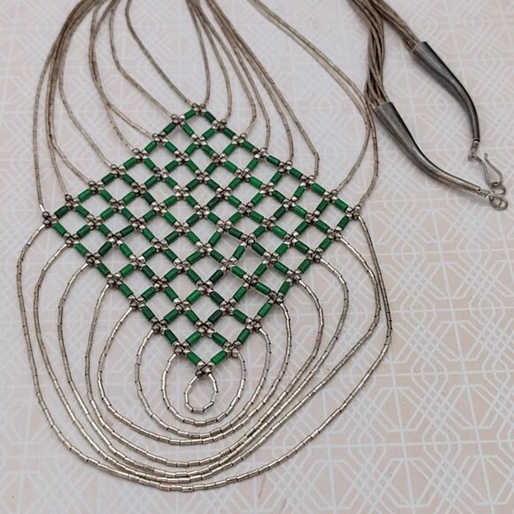 Southwest Liquid Silver and Malachite Basket Weave Bib Necklace - Picture 3 of 4